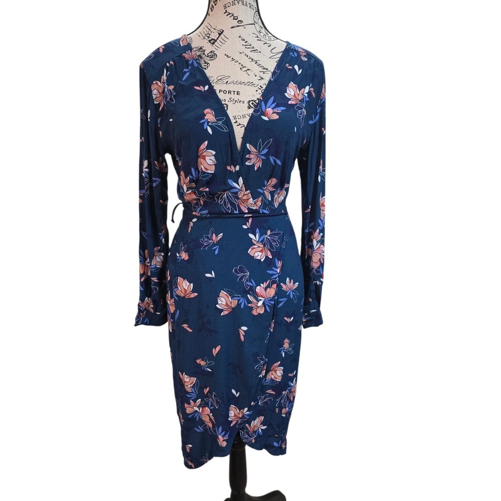 ASTR Navy Blue Floral Faux Wrap Dress S Small Cottagecore Boho Midi V-Neck